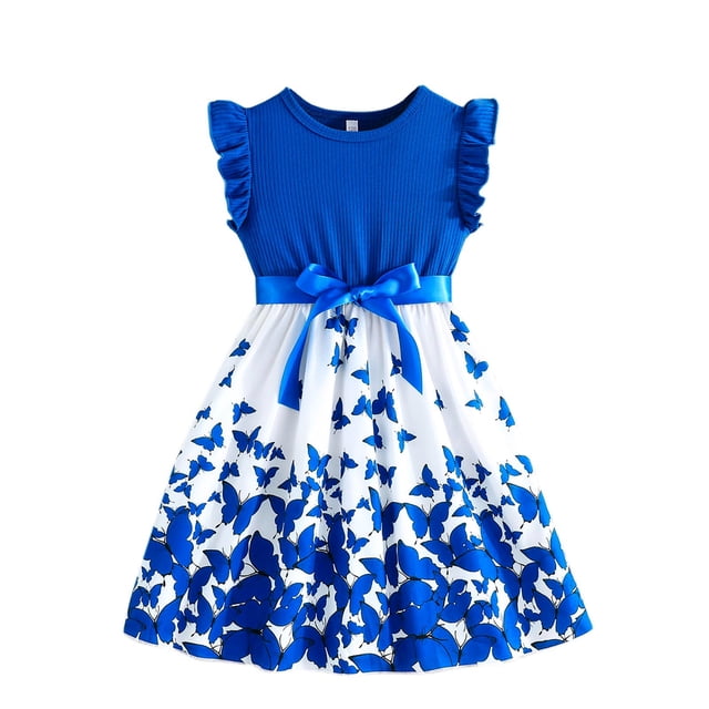 Robes de Printemps pour Filles Enfants Tout-Petits Filles Été Col Rond Manches à Volants Imprimés de Fleurs Robe Trapèze Décontractée avec Nœud Robe pour Enfants Bleu 7 Ans-8 Ans
