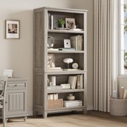 71" Farmhouse Bookcase w/Adjustable Shelves & 31.5" Width, 5 Tier Tall Bookshelf with Wooden Legs, Rustic Vintage Book Shelf for Living Room Office Library (Gray)