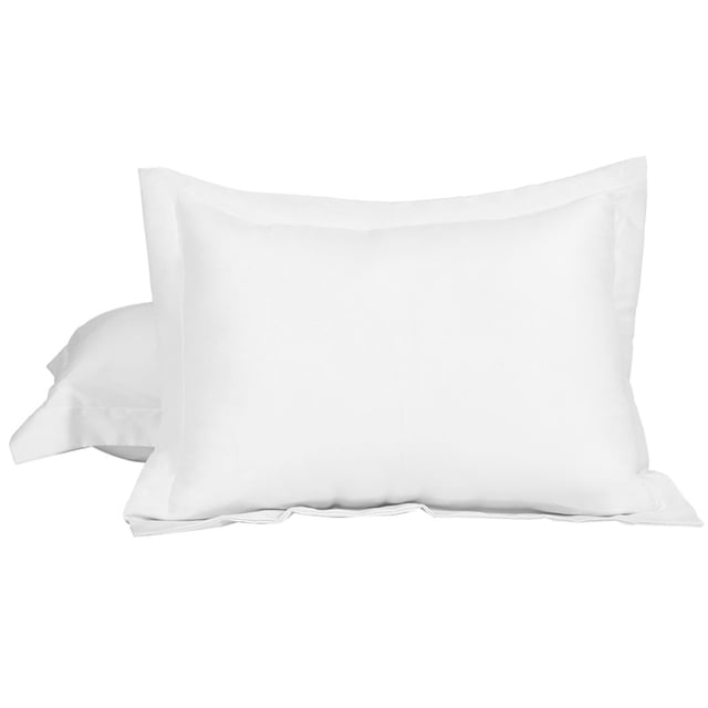 2 Pcs White Pillow Shams 1800 SERIES Microfiber King Oxford Pillowcases featuring a soft brushed microfiber fabric with a flange design on all four sides. The shams are shown in a clean, white colour with an envelope-style tuck flap on the back for a secure fit. Ideal for king-sized pillows, these shams are machine washable and designed for durability and comfort. The image displays two pillow shams, one placed in front of the other, highlighting their smooth texture and elegant finish.