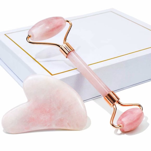 Rouleau de Jade pour le Visage, Rouleau de Quartz Rose avec Outil de Grattage Gua Sha, Rouleau de Traitement des Yeux Naturel Anti-âge, Raffermissement de la Peau, Rajeunir le Visage et le Cou, Enlever les Rides et les Poches