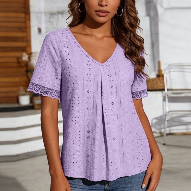 XYAIXT Women's Lace Trim Tunic Tops Short Sleeve Shirt V Neck