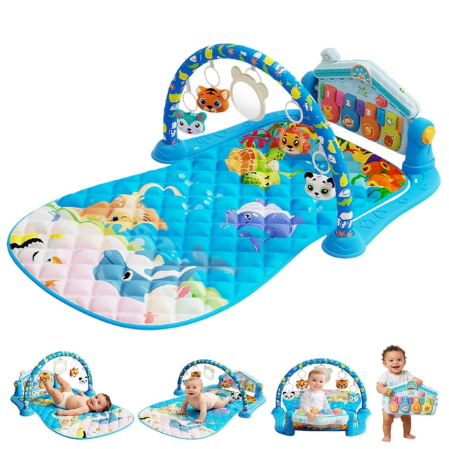 IMGadgets Baby Play Mat with 360° Rotating Musical Piano in blue, featuring a 4-in-1 fitness activity rack with removable rattles and hanging toys. The extra-soft tummy time mat includes a cushioned surface with bright animal designs, a sturdy arch for sensory toys, and a rotating piano with light-up keys and sound effects. Suitable for newborns and infants, it supports lay and play, tummy time, sit and play, and take-along piano modes. The mat is machine washable and made from non-toxic, baby-safe materials.