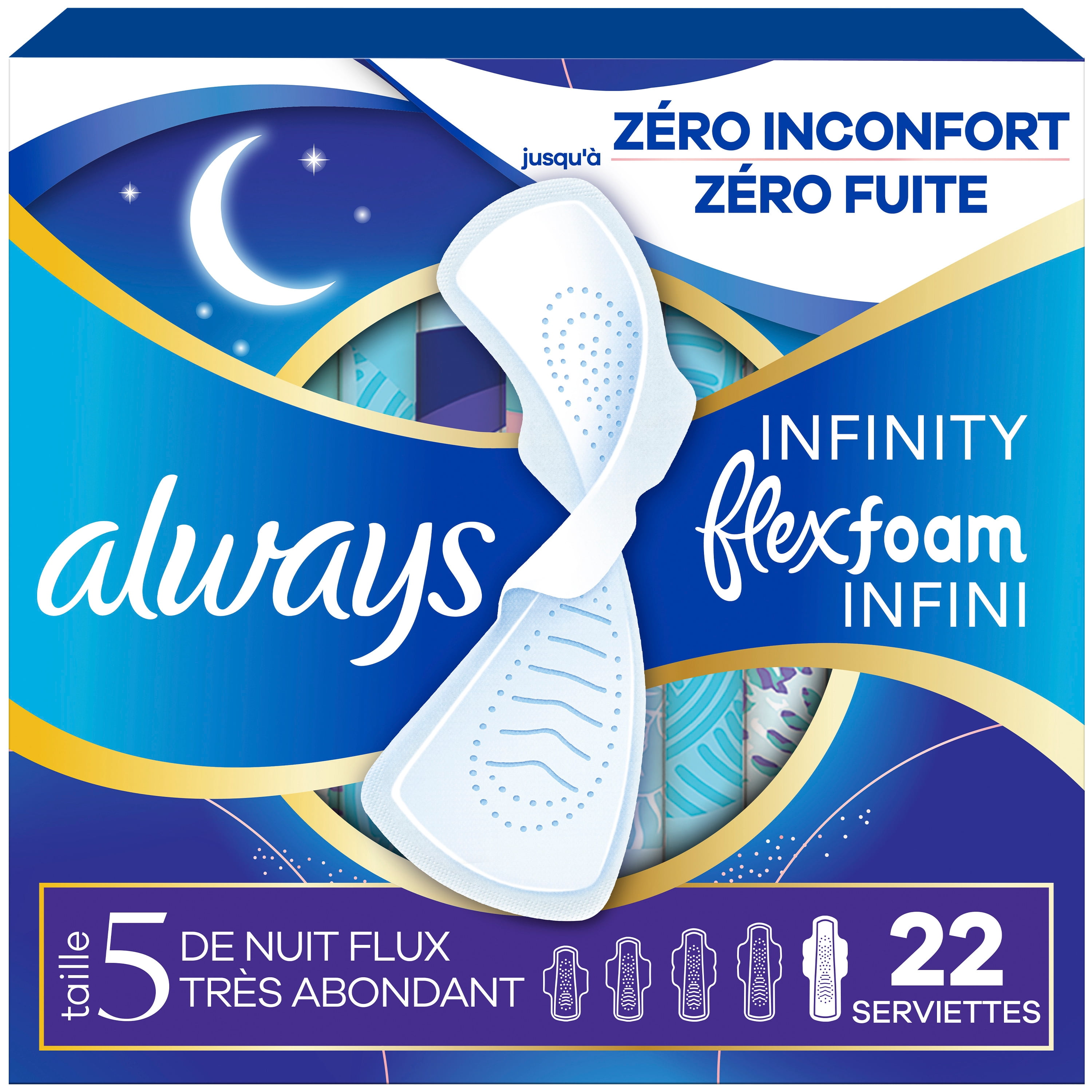 Serviettes Always Infini FlexFoam pour femmes, taille 5, de nuit, flux très abondant, avec ailes, sans parfum, 22 serviettes
