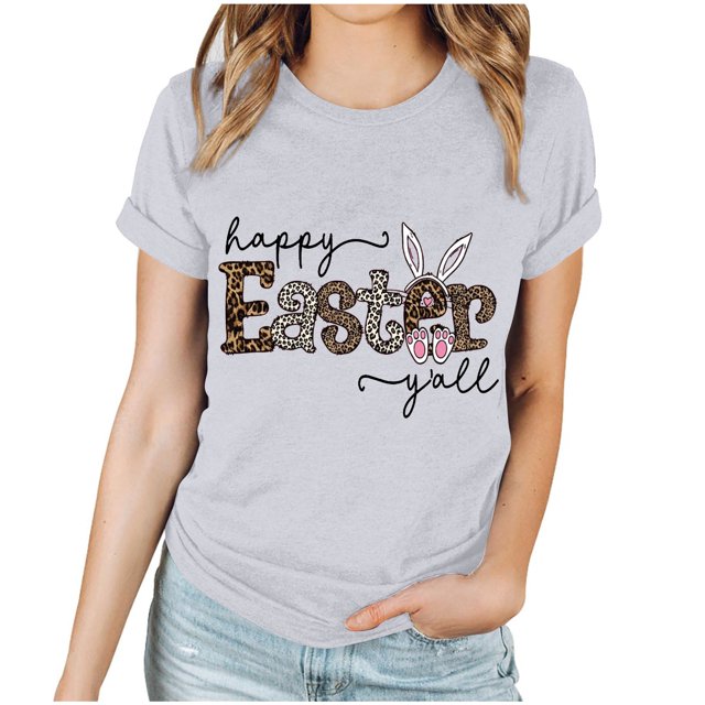 EGNMCR Chemises de Pâques pour Femmes Manches Courtes Imprimé de Pâques Manches Courtes Col Rond T-Shirt pour Femmes