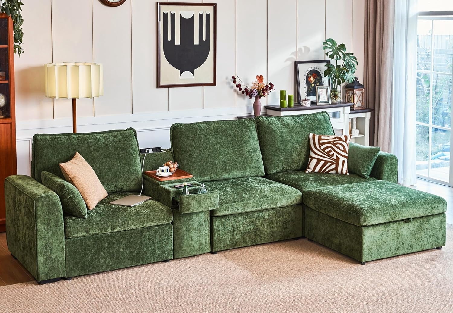 BEDEEP Canapé Sectionnel Modulaire de 138,6 Po avec Console et Station de Recharge, Canapé Nuage en Chenille en Forme de L avec Pouf de Rangement, Canapé Profond Convertible 4 Places avec Méridienne pour Salon, Vert