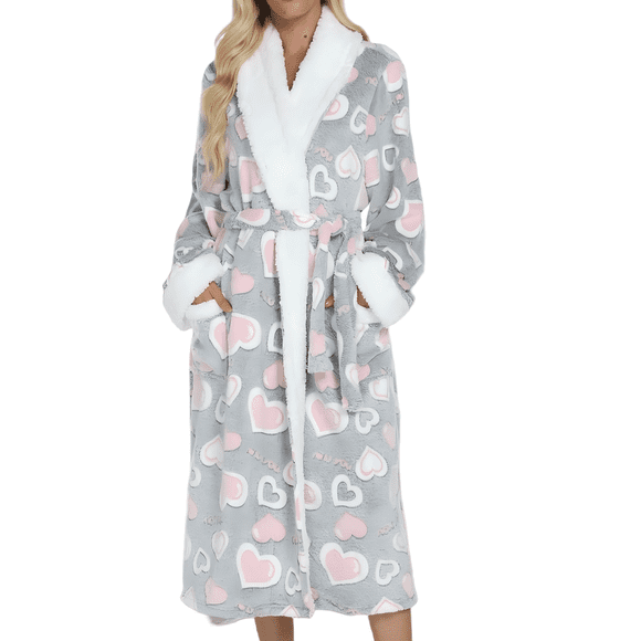 Feancey Winter Robes for Women Long Fuzzy Fleece Bathrobe Cute Heart Plush Shower Robe Comfy Warm Loungewear Housecoat with Belt and Pockets Gray XL