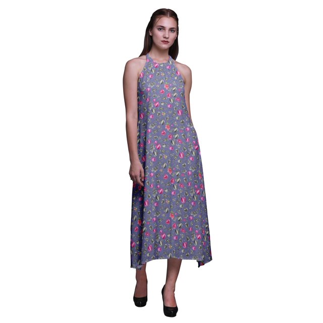 Bimba Robe de Plage Dos Nu Imprimée Florale pour Femmes Col Halter Long RayonDress-TP