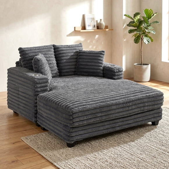 HOMCOM 60" Chaise Lounge Chair Indoor, Oversized Upholstered Sofa Bed, Grey
