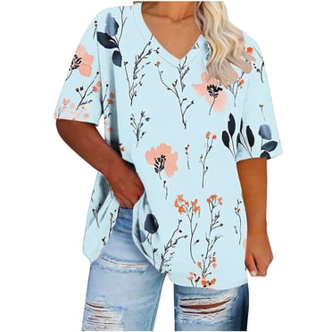 Meichang Going Out Tops for Women Plus Size Short Sleeve V Neck Loose T Shirts Fashion Floral Graphic Shirts Lightweight Blouses Clearance