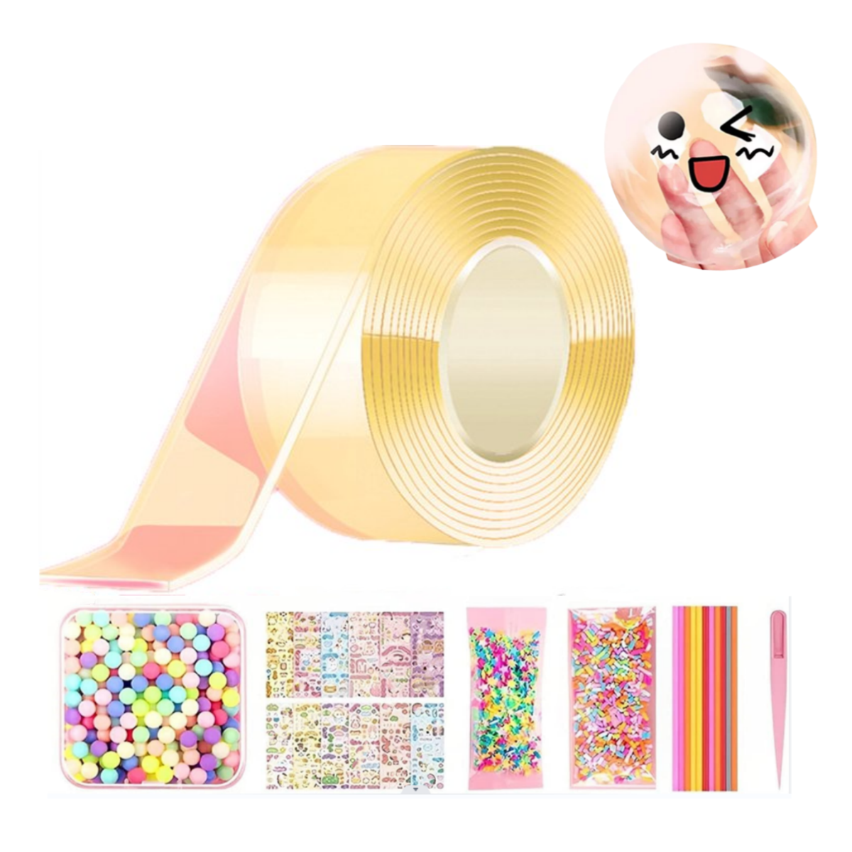 Nano Bubble Tape Toy Kit, Double Sided Tape Magic Plastic Bubble, Super Elastic Clear Balloonss with 10pcs Straw and Sequins Sticker , Party Favors and Fidget Toy （9.84 ft)