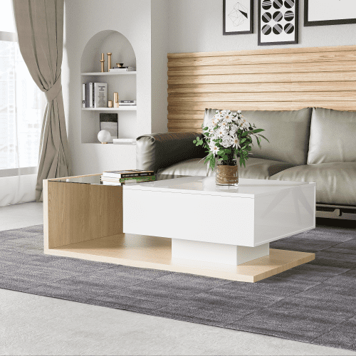 LED Coffee Table with Glass Top, Modern High-Gloss White Side Table with Ambient Lighting, Illuminated Center Table for Living Room