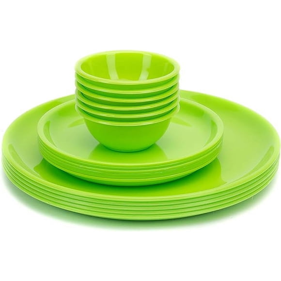 Ensemble de Vaisselle Rond Incassable pour Micro-Ondes Grandes Assiettes Ensemble de 6 Petites Assiettes Ensemble 6 & 6 Pcs Petit Bol, Fabriqué en Inde (Vert, Ensemble de 18)