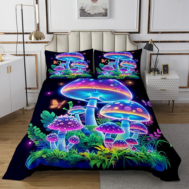 Erosebridal Gradient Musgroom Coverlet Set Queen, Jungle Plants Bedding Set, Butterfly Aniaml Decor