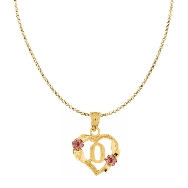 14k Two-tone Gold Flower and Heart-shaped Initial 'O' Pendant with 1.2mm Rolo chain