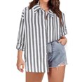 thumbnail image 1 of TIMIFIS Women's Striped Button Up Shirts Fall Casual V Neck Shirt with Cufflink and Adjustable Sleeve Tops, 1 of 8