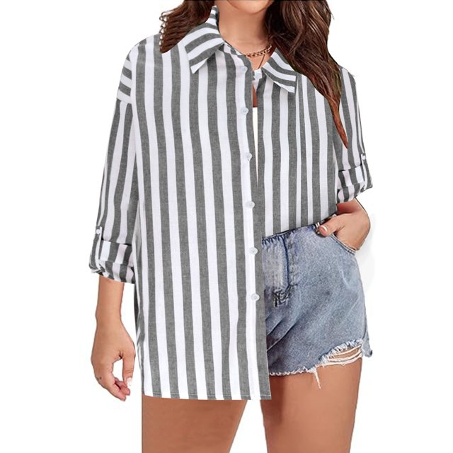 TIMIFIS Women's Striped Button Up Shirts Fall Casual V Neck Shirt with Cufflink and Adjustable Sleeve Tops