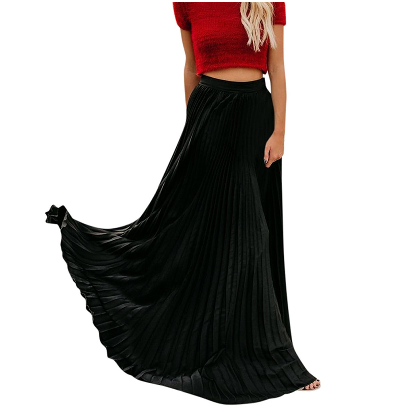 Maxi Skirts for Women 2024 Solid Color High Waist Pleated Skirt