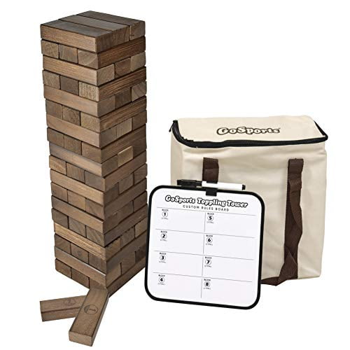 GoSports Large Dark Stain Toppling Tower with Bonus Rules | Starts at 1.5 and Grows to Over 3 | Made from Premium Brown Stained Blocks