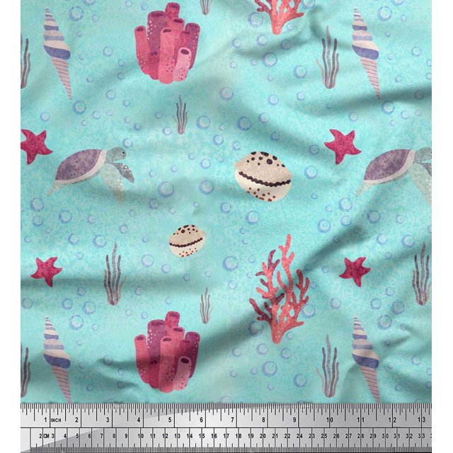 Soimoi Cotton Voile Fabric Coral,Shell & Sea Turtle Ocean Decor Fabric Printed Yard 56 Inch Wide