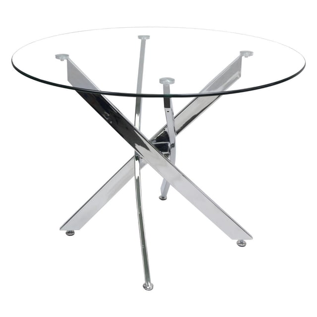 Canadian Genesis Small Round Dining Table - 39 with a clear tempered 12mm glass top and shiny chrome crossed legs, compact size ideal for small homes, apartments, or condos, designed to seat four diners for formal or casual dining, also suitable as a stylish workspace in limited spaces.