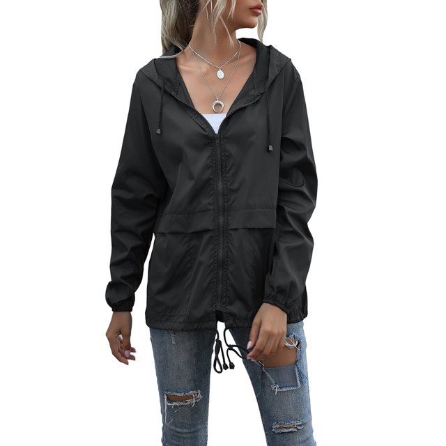 Women's Casual Hooded Jacket Lightweight Waterproof Rain Windbreaker Solid Color Zipper Drawstring Raincoat