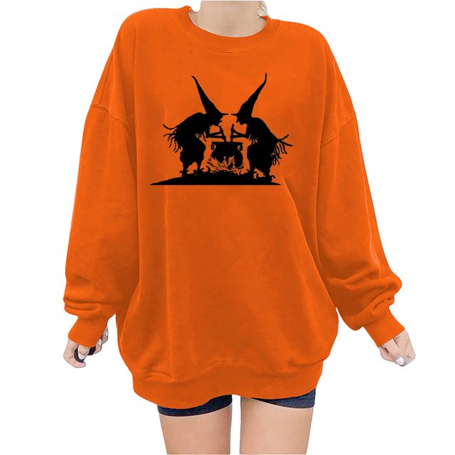 2023 Chandail à Capuchon Surdimensionné pour Femmes Mode Halloween Imprimé Blouse Ample à Manches Longues Col Rond Chandail Décontracté Hauts Chandail en Molleton Costumes Halloween/noël 50 % de Rabais Liquidation