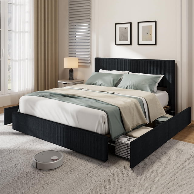BeesClover Bed Frame with Tufted Wingback Headboard, Platform Corduroy Upholstered Bed Frame with 4 Storage Drawers and Wooden Slats Support, No Box Spring Needed