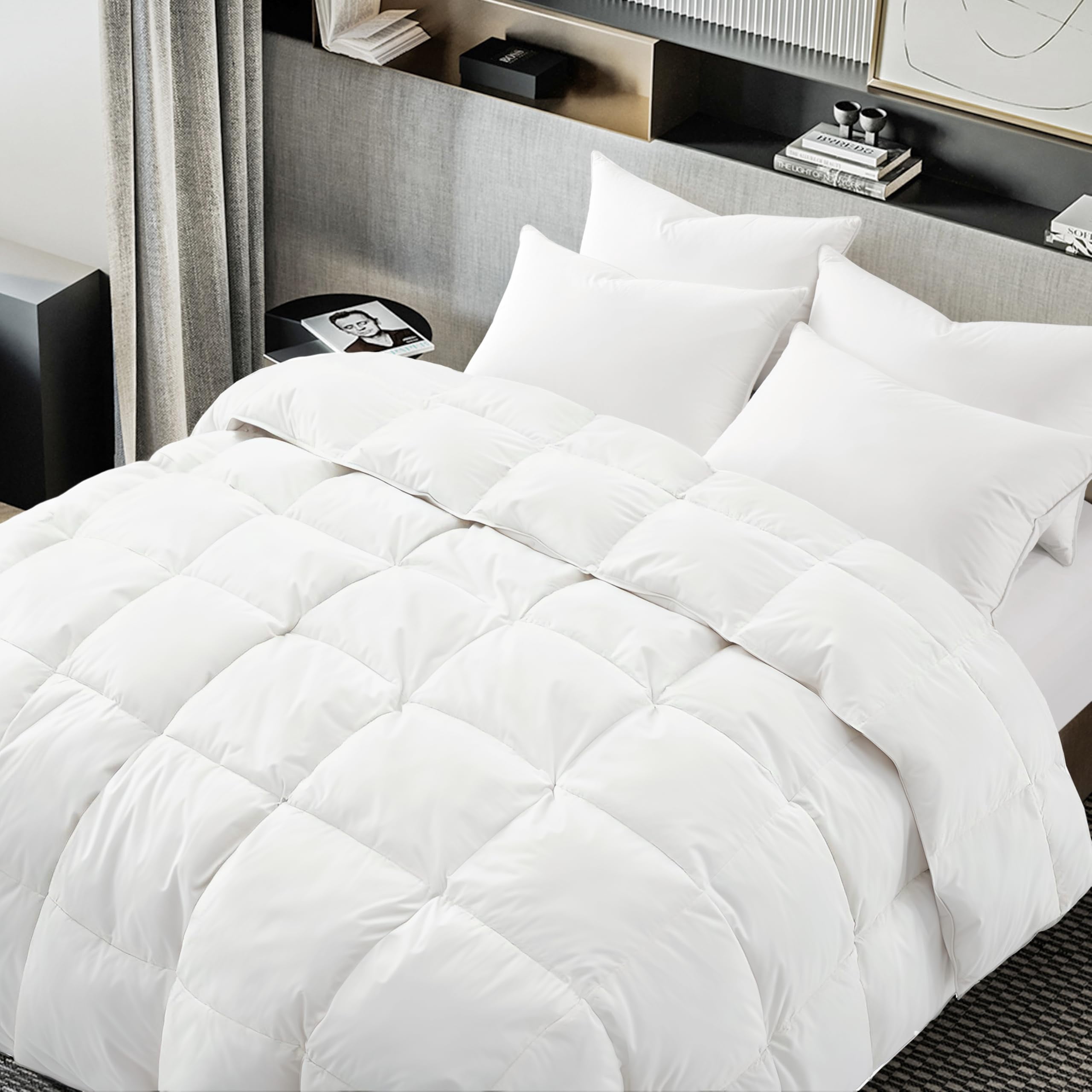 ALPSWAN Goose Feather Down Comforter Queen Size, White 100% Cotton Duvet Insert, All Season Hotel Bedding Fluffy Cotton Comforter with Corner Tabs (White, Queen)