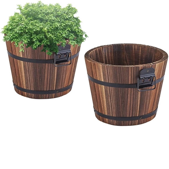 Wooden Barrel Planter-2 of Wooden Barrel Garden planters Plants with Drainage Holes for Indoor and Home Decoration Indoor and Outdoor use Antique Decorative Flower Pot