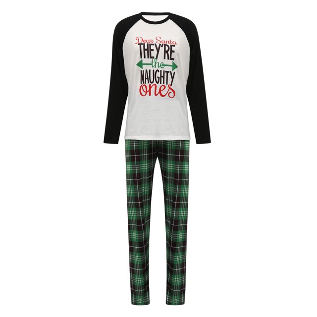 Kmbangi Pyjamas de Noël Assortis pour la Famille, Hauts Raglan à Lettres + Pantalons à Carreaux