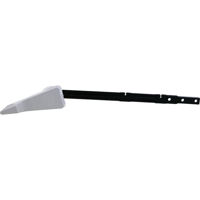 Peerless Toilet Tank Lever in white plastic with a tapered handle and an adjustable black metal arm with multiple mounting holes, designed to replace and trim 4-, 6-, or 8-inch front mount toilet tank levers.