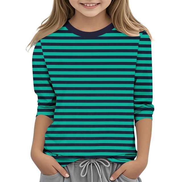 MeetoTime Filles Enfants T-shirt à Manches 3/4 Col Ras du Cou Rayé Imprimé d'Été Décontracté Vêtements pour Enfants 3-12 Ans