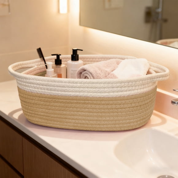 Woven Storage Basket with Handle - Fabric Rope organizer for Home Decor Multi-Functional Gift Basket with Ribbon & Bag Wardrobe, JKODE