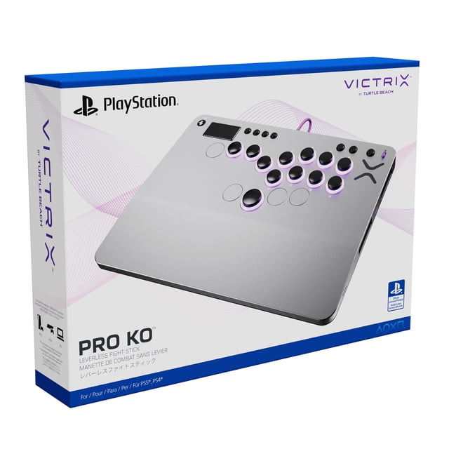 Victrix Pro KO Leverless Fight Stick for PlayStation in retail packaging, featuring a slim silver aluminum top plate with 16 black, RGB-backlit, mappable buttons arranged in a leverless layout, designed for competitive esports gaming.