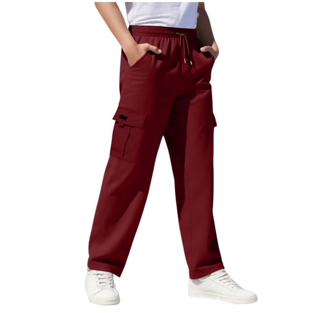 Children's Solid Color Stretch-Belt Work Pants with Pockets, Medium Size Casual Baggy Pants, Adult Version
