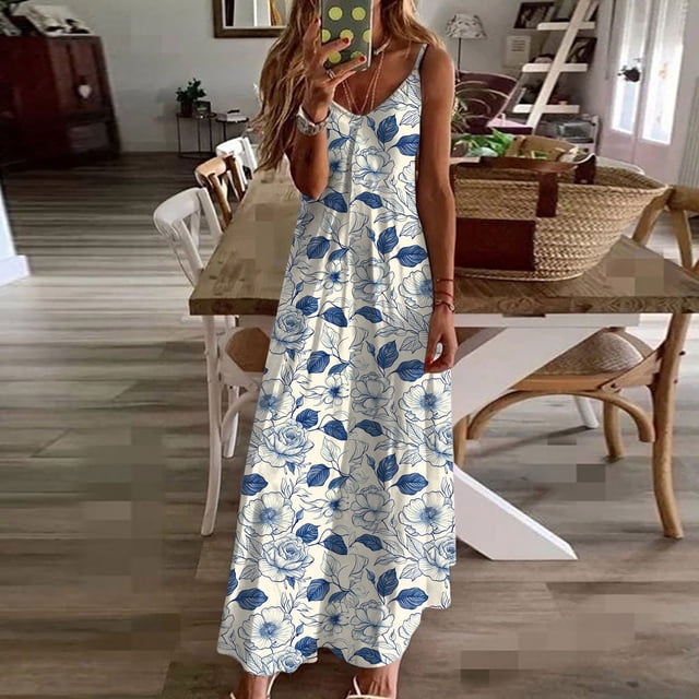 LSLJS Robes d'Été pour Femmes à Imprimé Sans Manches à Col Rond Robe Décontractée, Robe d'Été Robes de Plage d'Été