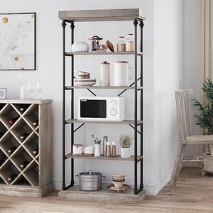 Ourlova 6 Tier Book Rack Storage Bookshelf Bibliothèque industrielle Étagère Rangement Organisateur pour la maison / bureau / salle de séjour / cuisine 74 Unité de cadre en métal de pouce et étagères en bois - gris