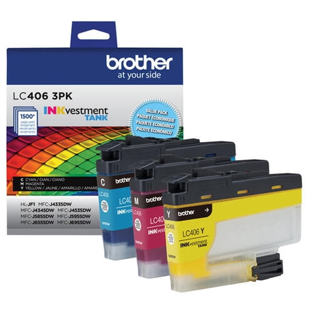 Brother Genuine LC4063PKS Standard-Yield Colour Ink Cartridge 3-Pack featuring cyan, magenta, and yellow cartridges in front of branded packaging with INKvestment Tank logo, compatible with Brother multifunction colour inkjet printers, delivering up to 1,500 pages per cartridge for reliable colour printing.