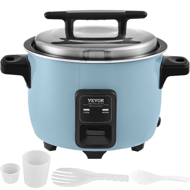 VEVOR Commercial Rice Cooker with a 50-cup capacity and 10L total volume, featuring a durable non-stick aluminum pot, insulated handles, and one-touch operation with a 24-hour keep-warm function. Includes measuring cups, rice paddle, and slotted spoon. Suitable for restaurants, commercial kitchens, and large gatherings. Versatile for cooking grains like millet and brown rice.