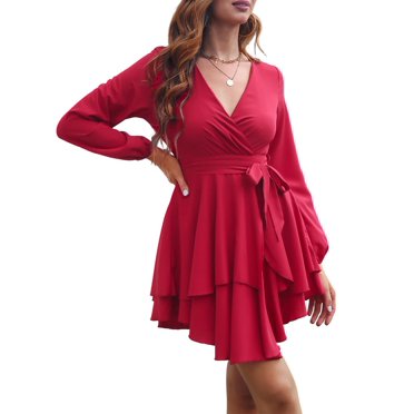 Women'S Short Dress Long Sleeve Deep V-Neck Waist Tie Ruffle Mini Swing - Dresses Wine Red XL