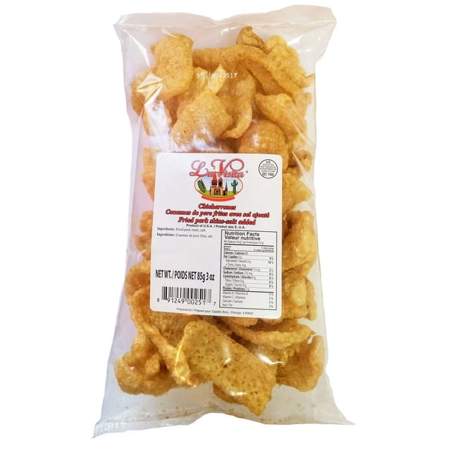 La Visita Salty Fried Pork Skins 85 g bag with light golden crispy pork rinds, a traditional Mexican snack called chicharrones, featuring a white label with nutrition facts, ingredients, and the brand's Mexican-themed logo, ideal for dishes with green tomatillo or red hot sauce.