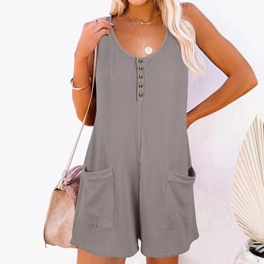 Fankiway Women'S Scoop Solid Neck Sleeveless Casual Buttons Short Jumpsuit Rompers with Pockets