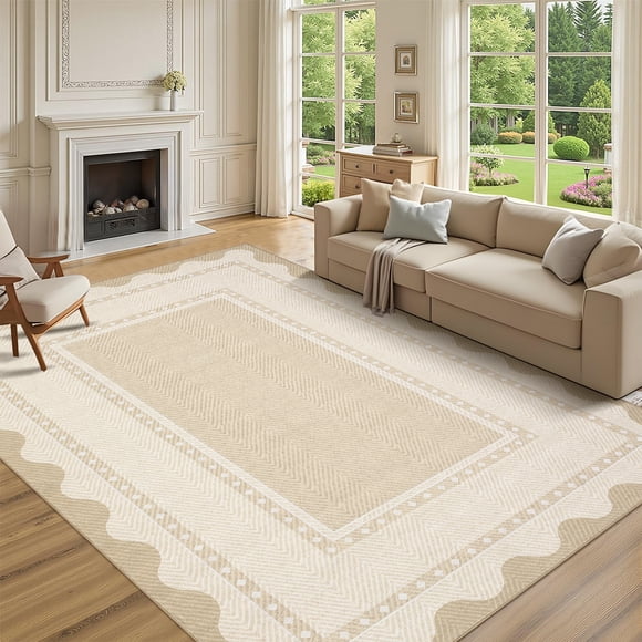 Nanan Tapis Moderne à Bordure Géométrique 8 Pieds X 10 Pieds, Tapis Décoratif Plat Antidérapant Lavable à la Machine pour Chambre, Salle de Jeux, Salon, Beige