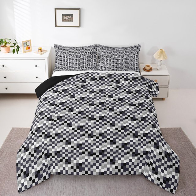 Erosebridal Modern Geometric Bedding Sets Queen with Comforter, Chic Check Duvet Insert, Minimalism Minimalst Reversible Bedding Queen Comforter Set, Ultra Soft Room Decorative, 3pcs