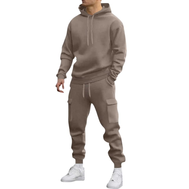 Mens Long Sleeve, Tracksuit with Hooded Pullover and Elastic Waist