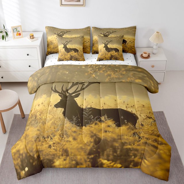 YST Deer 7 Piece Bed in a Bag Twin Size,Deer Antler Comforter Set,Rural Hunting Theme Down Comforter,Rustic Countryside Style Fitted Sheet,Wild Animals Bedding Sets for Bedroom Decor