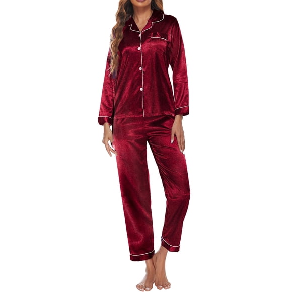 GPOECD Ensemble de Pyjama en Satin pour Femme, Chemise de Nuit à Col en V, Longue Tenue de Nuit, Tenue d'Intérieur, Lingerie, Rouge, m