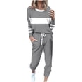 thumbnail image 1 of Posijego Ensemble Femme 2 Pcs Tenue Rayée Décontractée Manches Longues Col Ras du Cou Hauts Pantalons à Cordon Ensembles Détente P-5TG, 1 of 5
