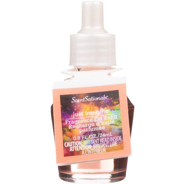 ScentSationals Scent Charm Oil - Just Imagine fragrance oil refill bottle with 0.8 fl oz (24 mL), featuring a colorful label and translucent white cap, designed for use with ScentSationals oil diffusers to freshen home and office air.