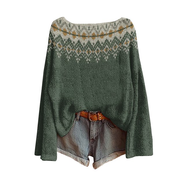 WTXUE Chandail Rétro Fair Isle pour Femmes Imprimé Art Vintage Col Rond Léger Boho Tops Graphique Ethnique Tribal Court Tricoté Manches Longues Épaules Tombantes Chandail Vert G